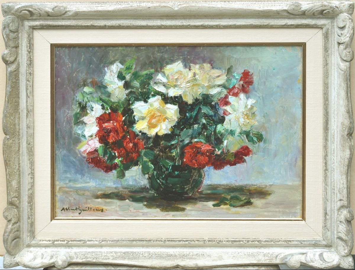 Albert Guilloux "bouquet Of Roses" Oil On Canvas 27x36